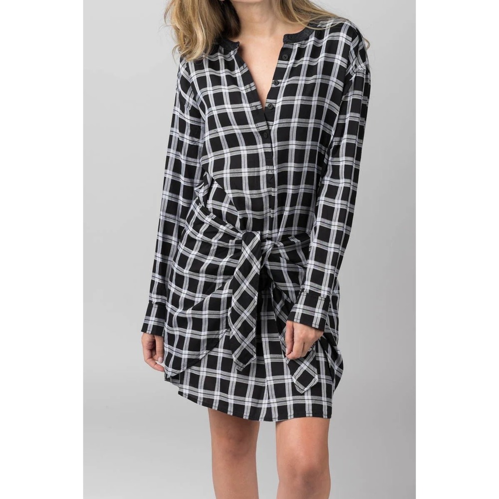 Rag & Bone Plaid Mini Dress Sz XS Black Long‎ Sleeve Tie Waist Casual Academia